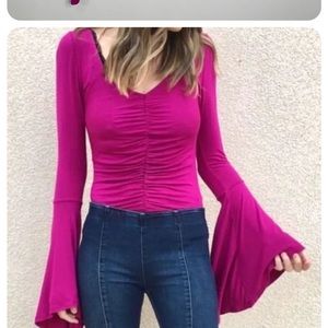 Free People Fushia What a Babe Ruched Bell Sleeve Top Medium
